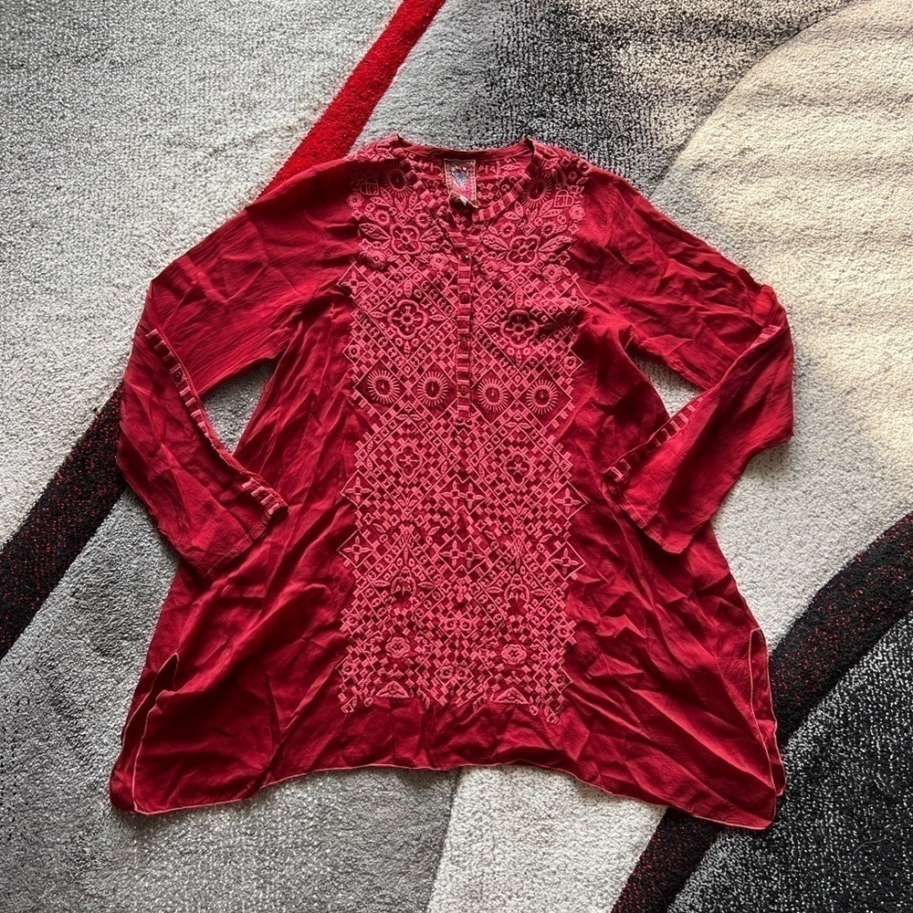 Johnny Was Deep Red Embroidered Tunic Blouse